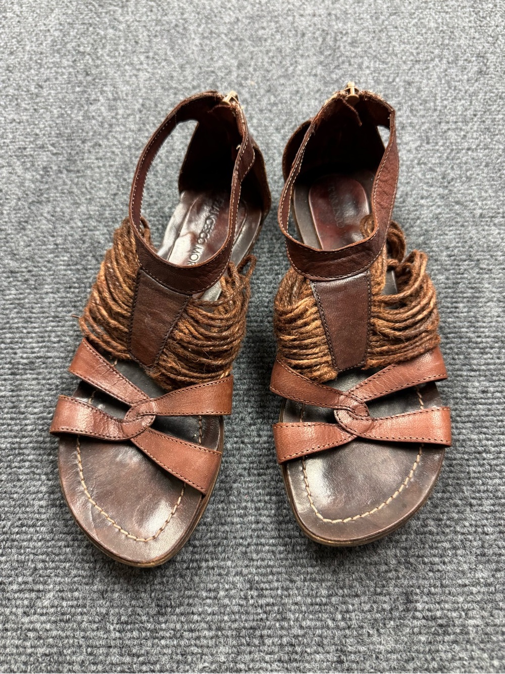 Francesco Morichetti Flat Sandal Brown Leather Open Toe Size 6 Braided